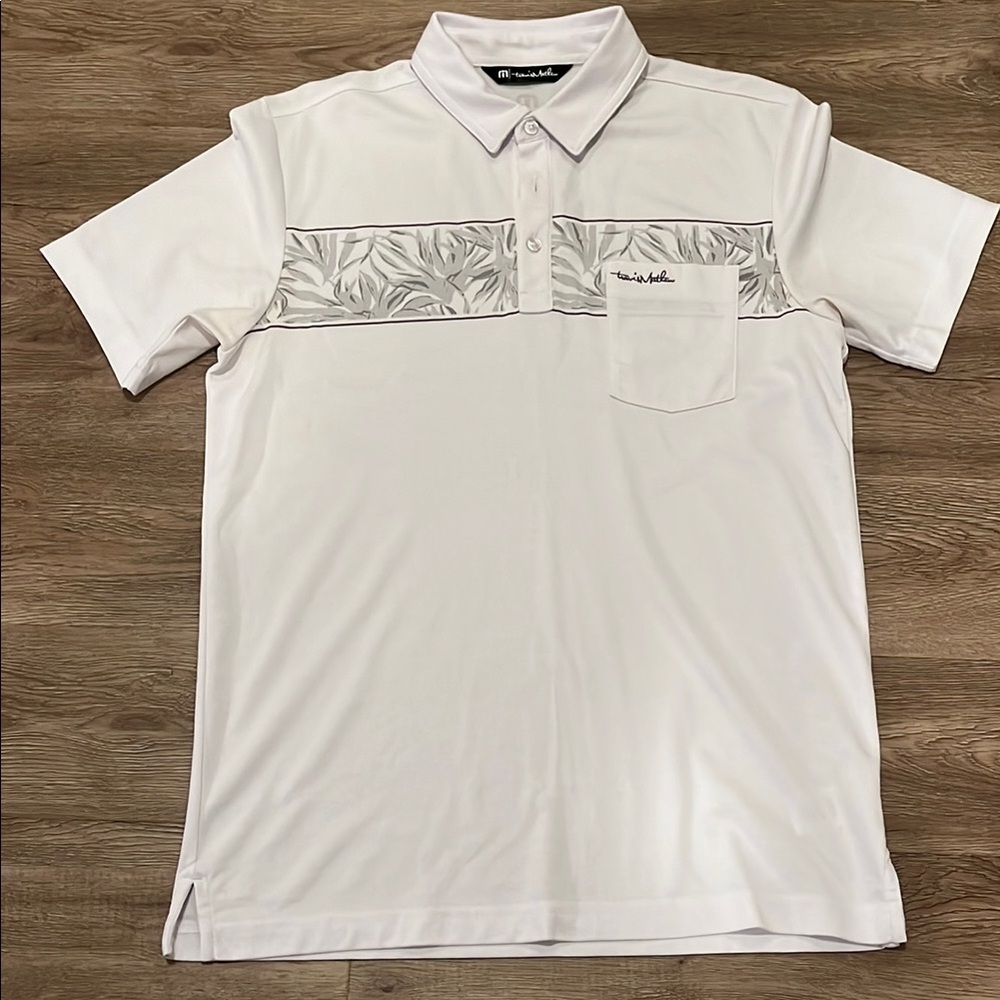 Travis Mathew White Polo with Gray Leaf Pattern